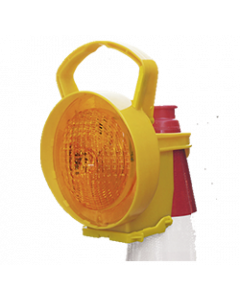 Nissen LED Hazard Warning Lamp attached to traffic cone with integrated cone bracket.