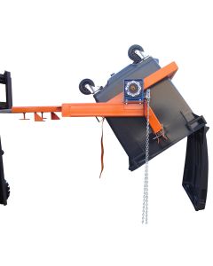 Forklift with industrial wheelie bin tipper attachment tilting large black bin, designed for safe waste handling and emptying.